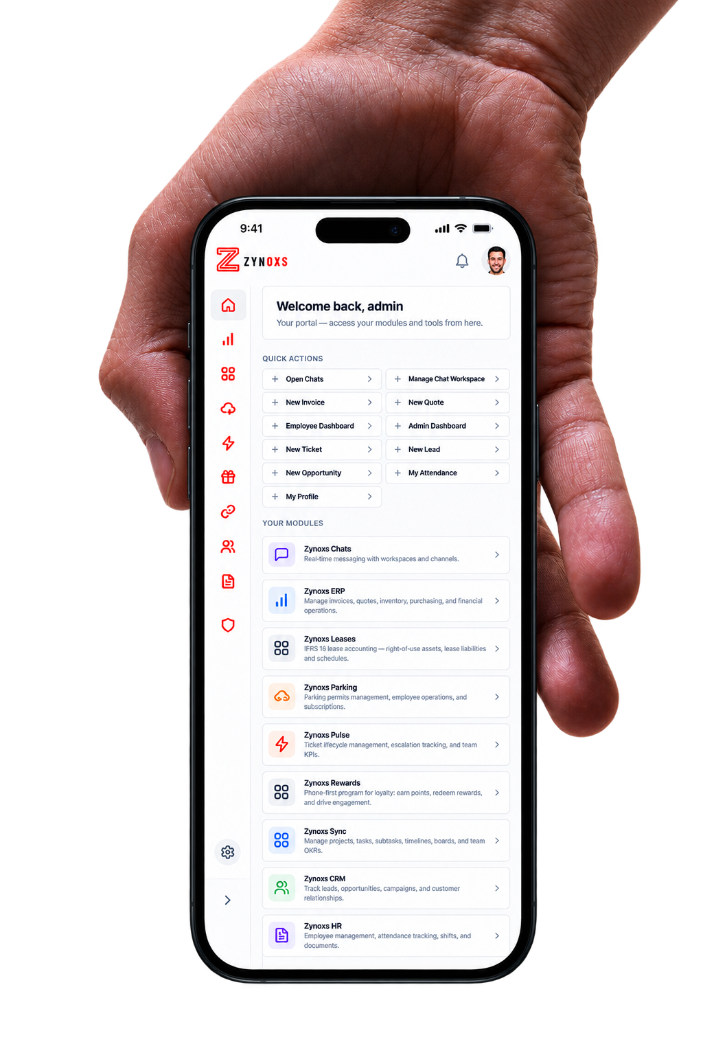 ZYNOXS business modules displayed on a smartphone