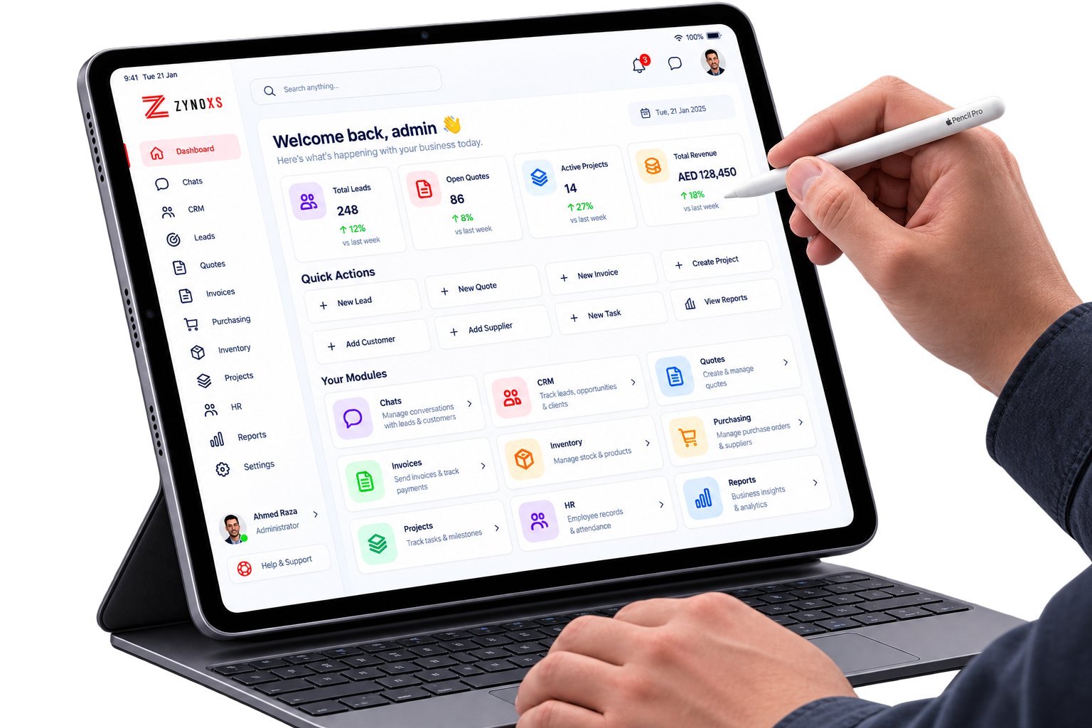 ZYNOXS business dashboard displayed on a tablet
